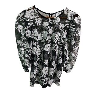 Wicked Majesty Blouse L Black Sheer Mesh Floral Embroidered Puff Sleeve Gothic